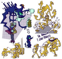 this vibrant cartoon drawing showcases a collection of quirky characters in an urban setting.  a tall, lanky, dark blue creature with exaggerated limbs dominates the left side, holding a spray can and seemingly creating graffiti. smaller, yellow, more abstract figures fill the right side, one walking a dog while another declares their love for poodles.  a black and blue dog stands out against a lighter background, while a humanlike character with blonde hair sits to the left. the overall style is energetic and humorous, with a focus on dynamic poses and exaggerated features.