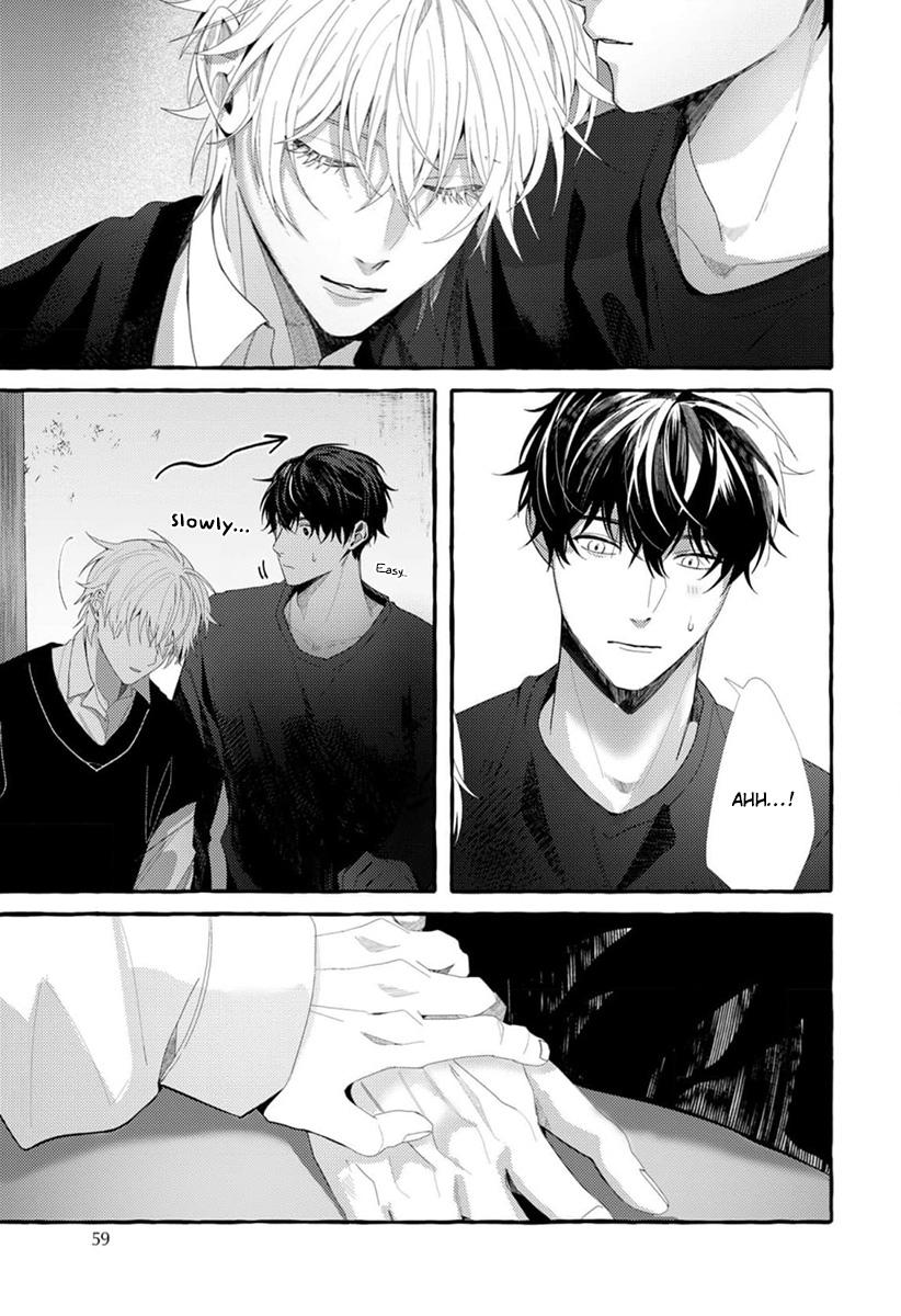 a manga panel showing three characters. two characters are close together, one with white hair and one with black hair. they are leaning in close to each other. the whitehaired character appears to be smiling and blushing. the blackhaired character has their eyes closed and seems to be enjoying the intimacy of the moment. the third character, also with black hair, is watching them with an expression that suggests they are surprised or nervous. they are all dressed in casual clothes. the scene is suggestive of a romantic relationship between the two main characters.