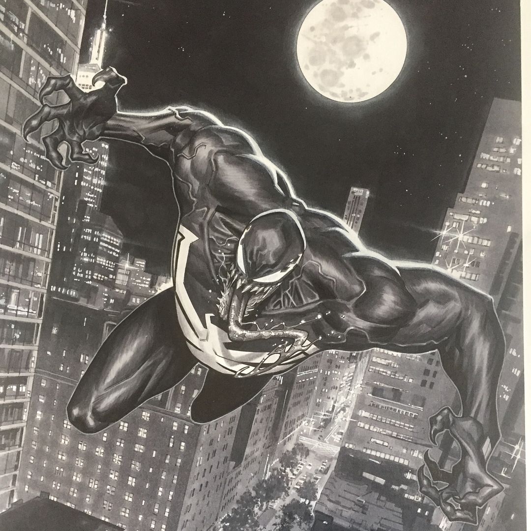 a black and white illustration of venom, a marvel comics superhero, soaring over a nighttime cityscape. he is depicted in his iconic black symbiote suit, with a monstrous, grotesque face. the moon shines brightly in the background, casting an eerie glow over the city.
