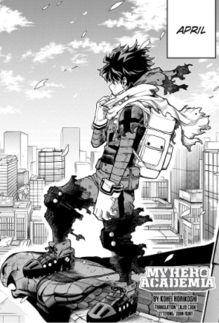 this black and white manga page features a young man standing on a rooftop, overlooking a cityscape. he is wearing a dark outfit with a white scarf and backpack, and appears injured. the text "april" is in the upper right corner, and the title "my hero academia" is in the lower right corner. the overall impression is one of action and adventure.