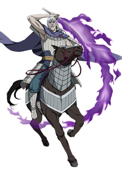 an anime character with white hair and armor is riding a horse while holding a sword that's emitting purple flames. he looks like he's about to attack someone. the background is white.
