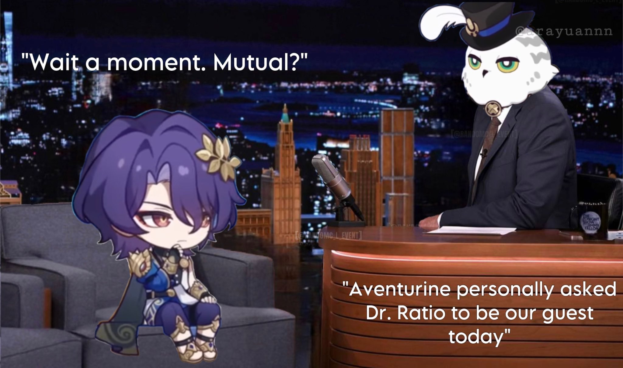 his is a humorous meme image featuring fanart of genshin impact characters dr. ratio and aventurine.  the image is edited to look like a scene from a latenight talk show, such as the tonight show.  dr. ratio, appearing as a chibi character, sits on a couch, looking slightly skeptical.  the host, whose head is replaced with an owl character (possibly representing aventurine), sits across from him at the desk.  text bubbles indicate dialogue, with dr. ratio questioning a "mutual" relationship and the host explaining aventurine's invitation.  the overall style is playful and comedic, referencing the popularity of both the game and latenight television formats.