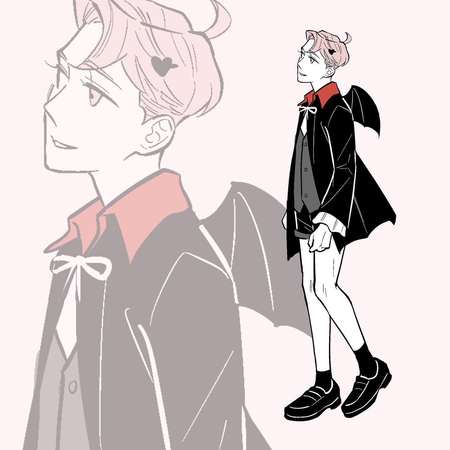 he image features a stylized illustration of a young man, possibly an anime or manga character. he's depicted in two ways: a more detailed, fully rendered version on the right and a softer, less detailed sketch on the left.  the character's outfit is a black, almost gothicinspired costume with wings, suggesting a devil or angel theme, fitting for halloween. he has pink hair, and a bow adorns the collar of his costume. both renditions highlight his fashionable attire and sweet expression, creating a contrast between the darker costume and the character’s friendly demeanor.  the art style is clean and minimalistic, with bold lines and soft shading.