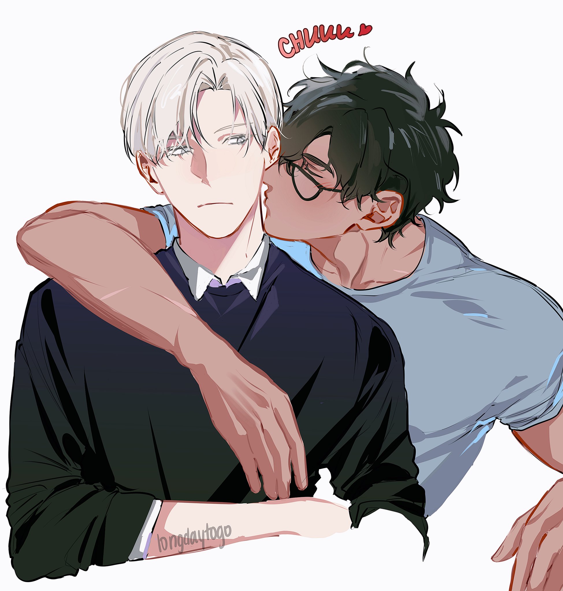 the image is a digital drawing in anime/manga style depicting a tender moment between two young men.  one man with white hair and a dark sweater is embraced from behind by another man with dark hair and glasses wearing a light blue shirt. the man with dark hair is leaning in to kiss the other on the cheek. the word "chuu" (a japanese onomatopoeia for a light kiss or peck) is written above them, reinforcing the action. the style is soft and romantic, focusing on the affection between the characters.  the artist's signature, "longdaytogo," is subtly visible on the arm of the man with white hair.