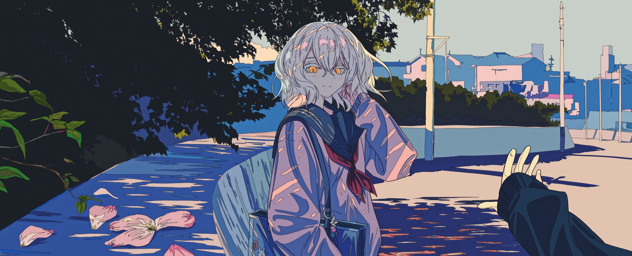 the image is a stylized digital illustration in a style reminiscent of anime or manga.  it depicts a young girl with long white hair wearing a purple sweater and a sailorstyle school uniform. she carries a bag or backpack.  she is standing on a city street at dusk or sunset, with a cityscape visible in the background. the background buildings are rendered in soft, muted blues and pinks. pink flower petals are scattered on the ground near her.  a hand reaches out towards her from the lower right corner, seemingly attempting to greet or reach her. the overall style is soft, slightly melancholic and uses a limited color palette for a unified aesthetic.
