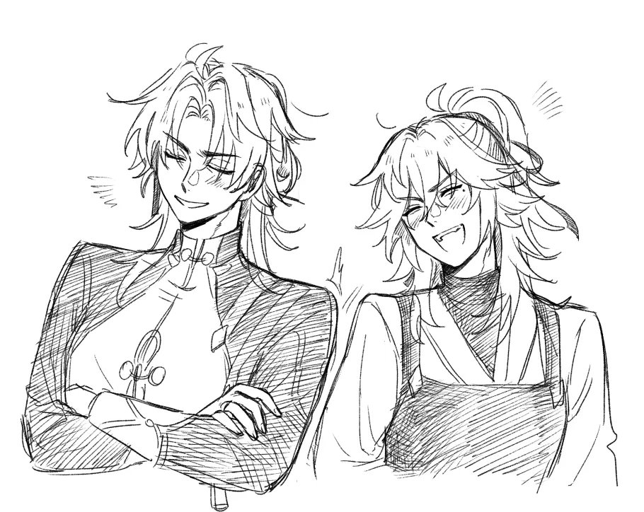 a black and white drawing of two anime characters. one is a man with long blond hair, wearing a collared shirt and a jacket, with his arms crossed and a sly smile. the other is a man with long white hair and bangs, wearing an apron, smiling widely and blushing. they are both looking at each other. they are friends or lovers, and the drawing suggests a happy and romantic relationship between them.