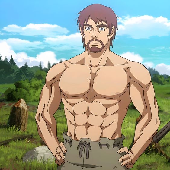 an animestyle drawing of a shirtless, muscular man standing outdoors. he has brown hair, blue eyes and a beard. he is looking directly at the viewer and appears strong and confident. the environment is a field with trees and a fence in the background. the lighting is natural and the perspective is at eye level.