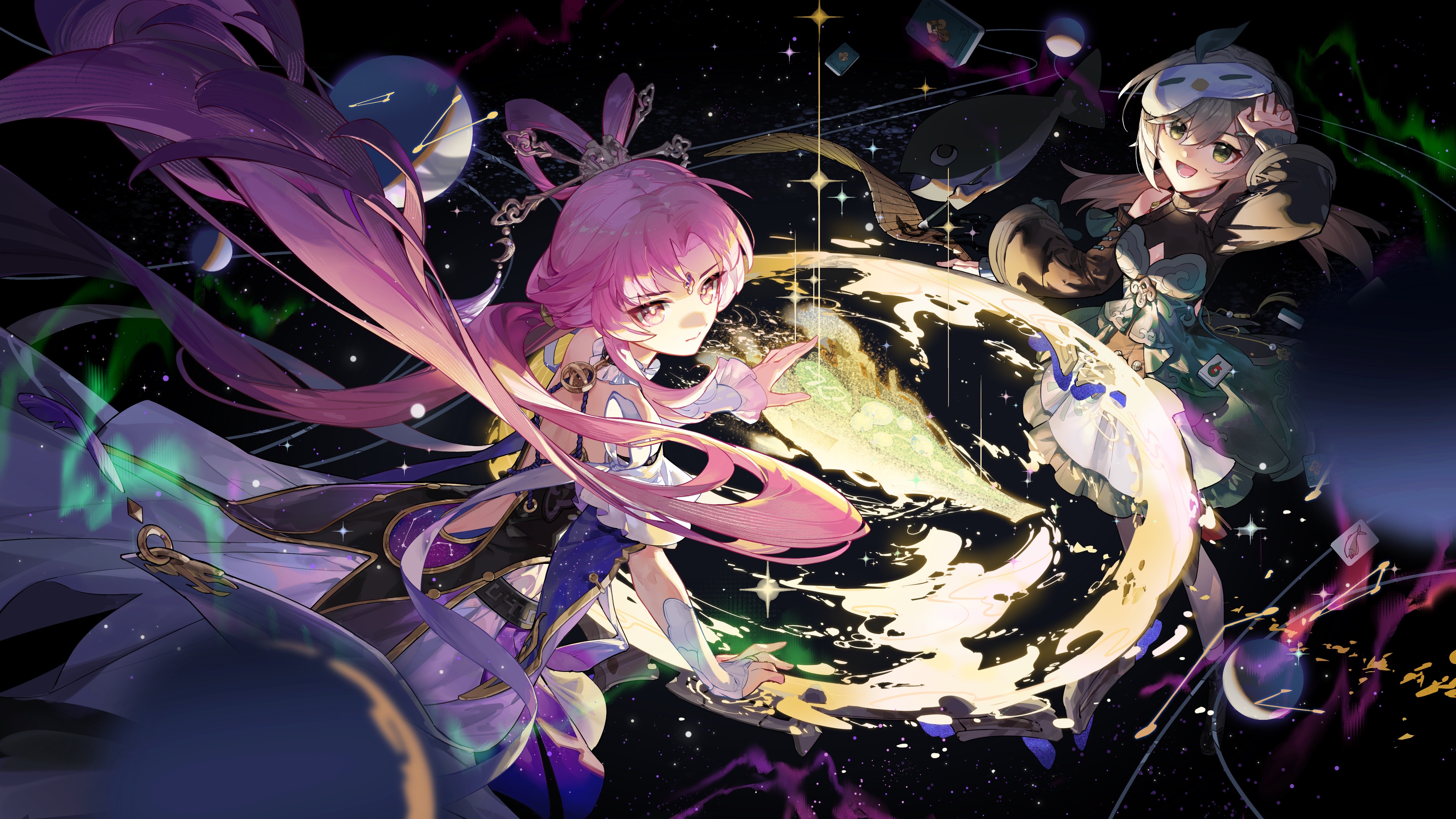 the image showcases a vibrant digital painting of two animestyle girls in a fantastical space setting.  one girl, with long, flowing pink hair, is prominently featured, appearing to wield or create a swirling, luminous energy field resembling a galaxy or nebula. she's dressed in a detailed, elaborate outfit with dark and light purple tones. the second girl, with brown hair and a mask, is positioned more in the background, also seemingly involved with the magical energy.  the overall style is highly stylized with dynamic poses, intense colors, and a focus on conveying magical power and cosmic wonder. the background is a dark space filled with stars, planets, and other celestial elements. the art suggests a collaborative or supportive dynamic between the two girls in their manipulation of the magical energies.