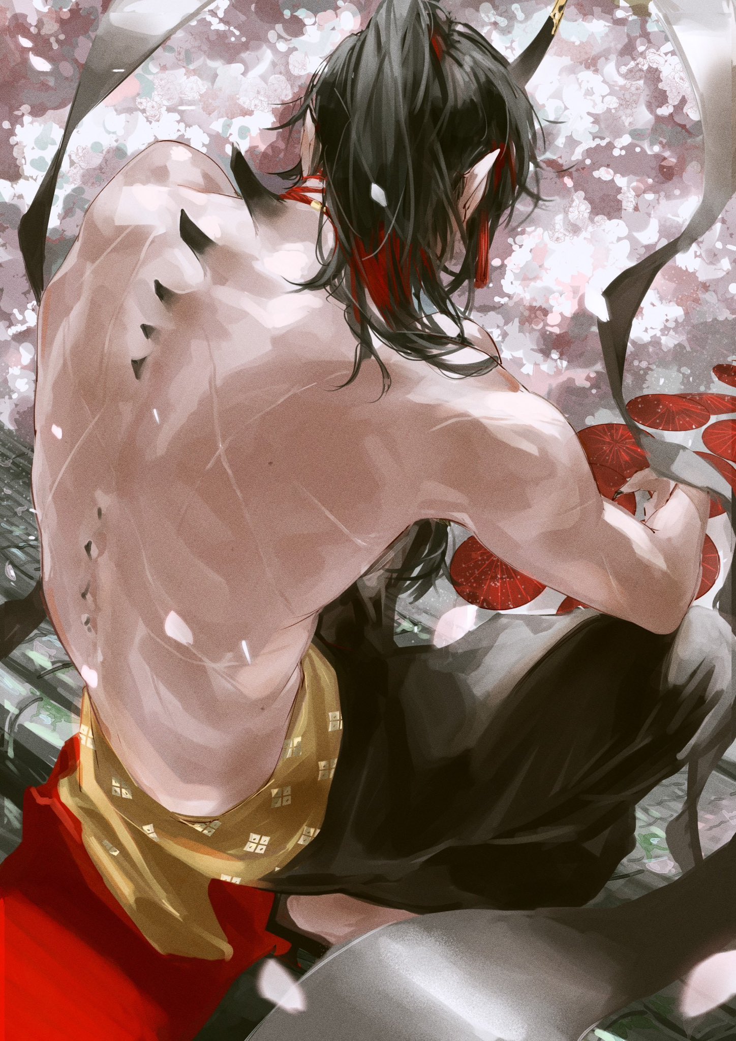a digital artwork depicting an anime male character with long black hair tied up in a ponytail. he is wearing a black kimono with gold accents, and a red sash. he is sitting on a wooden structure, his back to the viewer. his back is exposed, showing several scars and muscle definition. the background is filled with cherry blossoms. the image is rendered in a highly detailed and realistic style, capturing the character's expression and the intricate details of the setting.