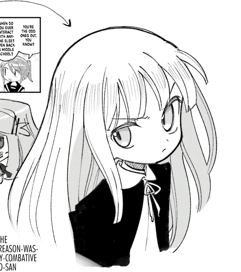 the image shows a manga panel in black and white. a girl with long hair and a school uniform is the focus. a speech bubble with text is present.