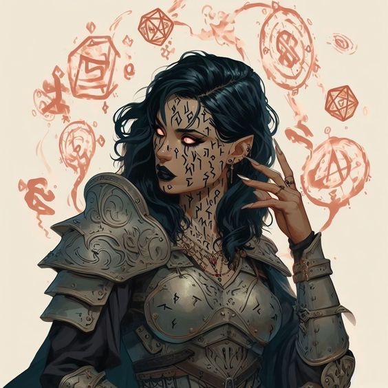 the image depicts a female elf warrior with dark hair and glowing red eyes. she wears ornate silver armor with intricate designs and a dark, flowing cape. her skin is adorned with glowing red runes, which also appear as ethereal symbols floating around her. she has a contemplative expression, with one hand delicately touching her face. the background is a neutral beige tone, drawing focus to the character. the overall aesthetic leans towards dark fantasy.
