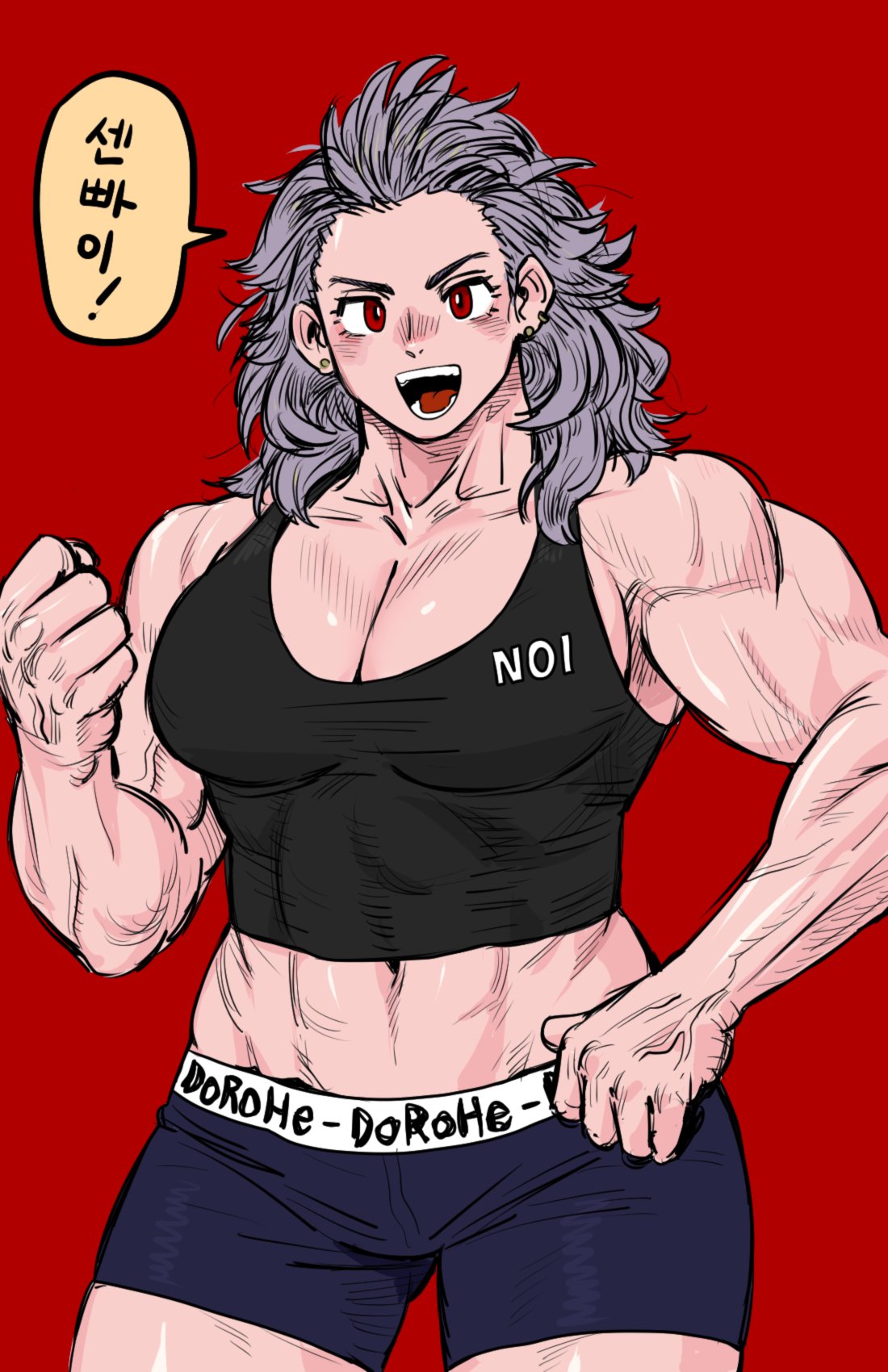 this is a digital art illustration of a muscular woman in a black sports bra and blue shorts. she has purple hair and a confident expression, and she is standing against a red background.  the image is in the style of anime or manga. she is flexing her muscles and her expression suggests she is confident and ready to workout.