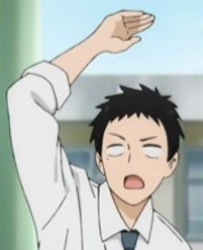 a closeup illustration of a young man with short black hair, wearing a white school uniform shirt with a dark blue tie. he's looking up and to the side with a surprised and confused expression, his hand raised to shield his eyes as if from bright light or something unexpected. the setting appears to be a school hallway or classroom with light walls and a window in the background, suggesting daytime.