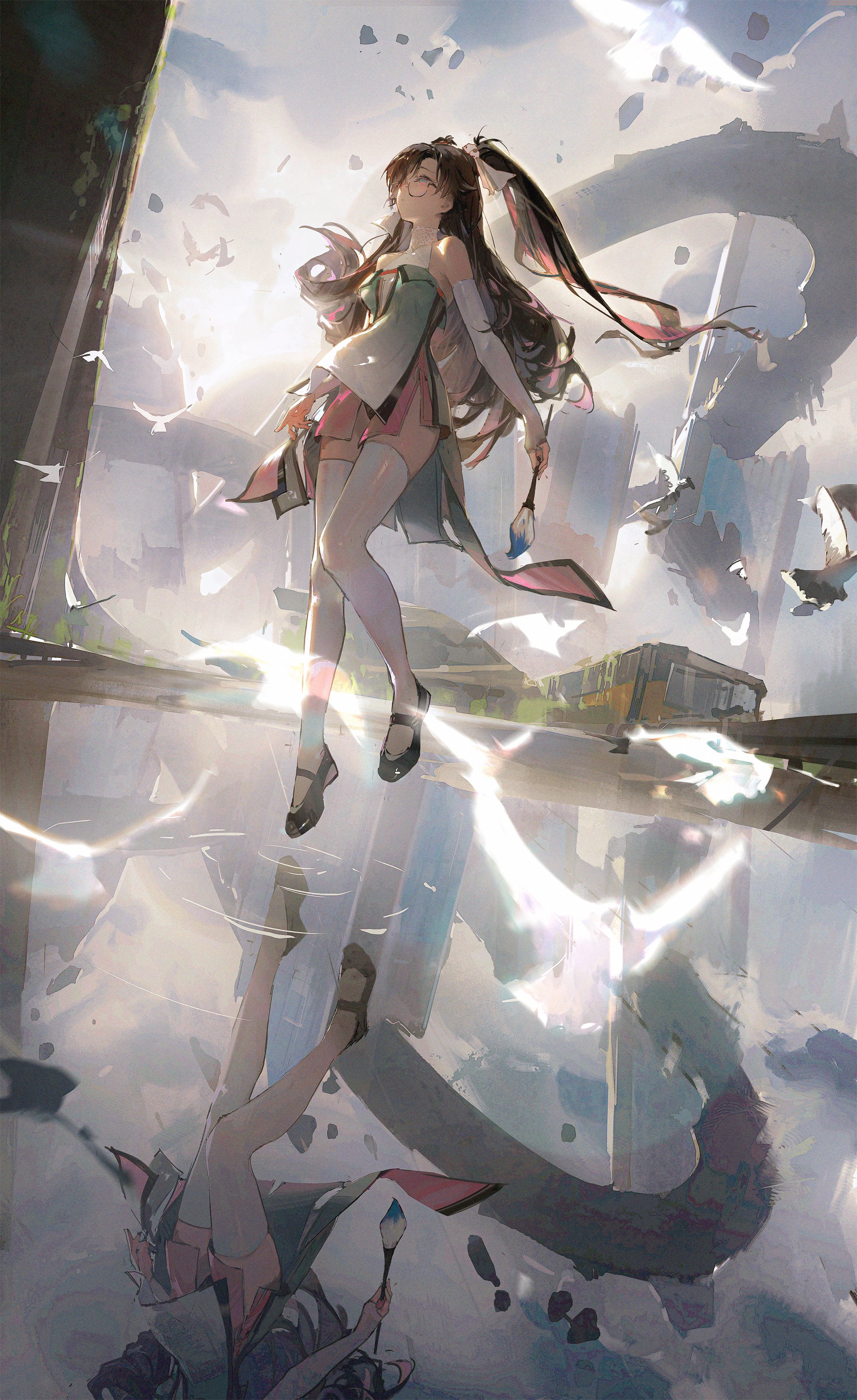 the illustration shows a young woman with long, dark hair, falling backward through the air against a backdrop of a crumbling cityscape that appears to be floating in the sky. the woman is centrally positioned, upside down, wearing a short white and pink dress and holding a wand. she appears to be surrounded by a magical aura. the perspective is from below, looking up at the falling figure and the fragmented city. the overall palette is light and ethereal, with pale blues, pinks, and grays dominating. the woman’s reflection can be seen in a mirrored surface below her, adding to the dreamlike atmosphere of the scene.