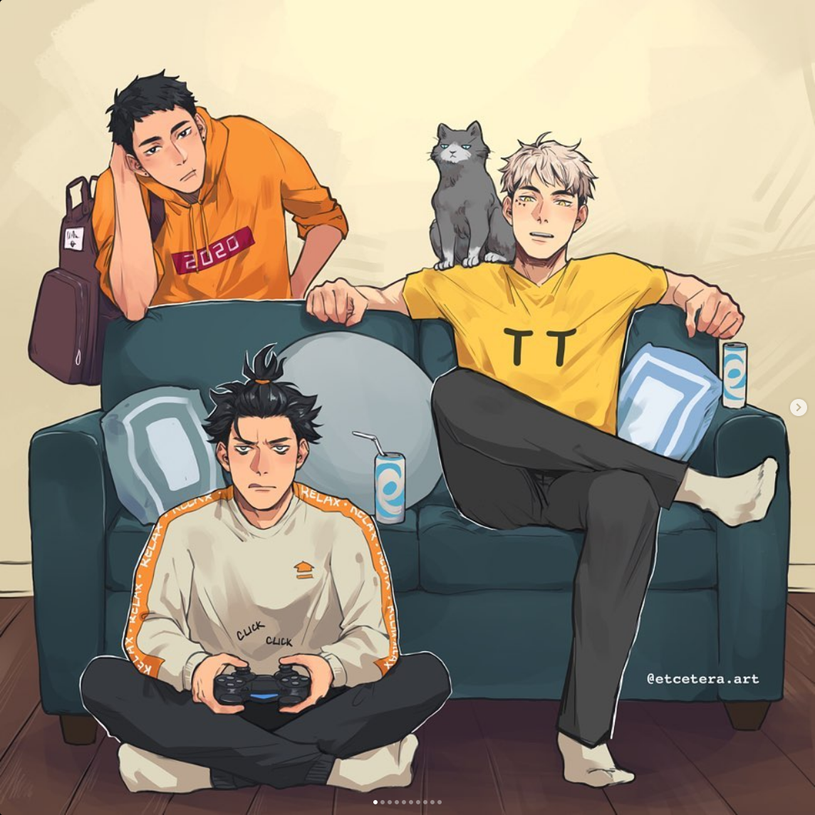 the illustration shows three young men relaxing on a couch in a living room. one man is sitting on the left side of the couch playing a video game while another sits on the right with a gray cat perched on his shoulder. the third man stands behind the couch. the scene is brightly lit, suggesting daytime, and the overall atmosphere is one of casual comfort and camaraderie.