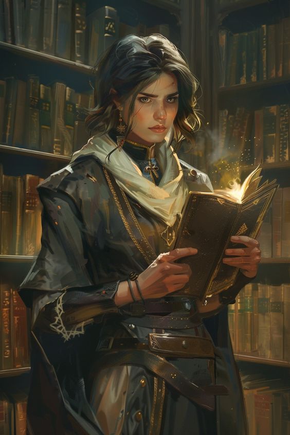 a woman in a dark robe and a white scarf is reading a book in a library. her face is illuminated by the glowing pages, and she looks like she is casting a spell.  the library is filled with bookshelves and books, and the atmosphere is dark and mysterious. the woman appears to be a powerful spellcaster.