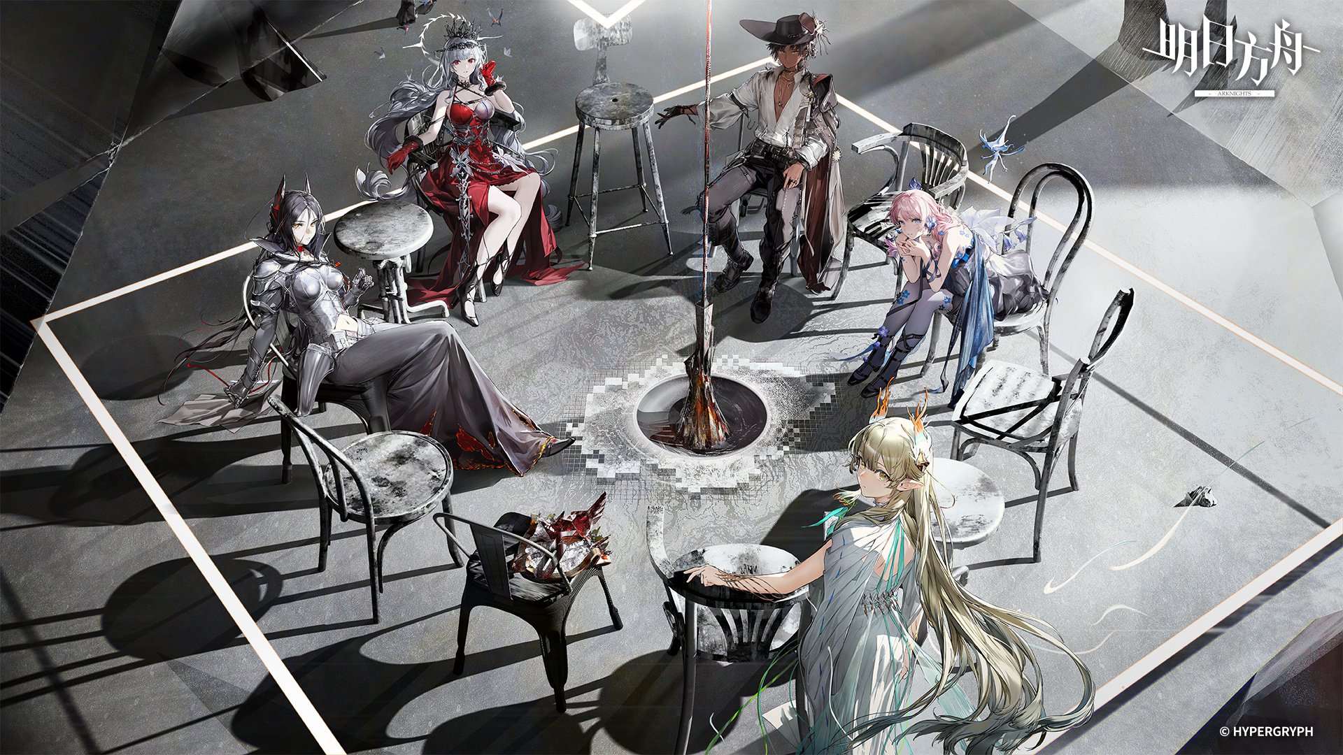 six anime characters are sitting around a fire pit that is built into the floor.  they are in what appears to be a cafe, given the small tables and chairs around them.  all of the characters are uniquely designed, with different outfits, hair colors, and hairstyles.  they are all quite stylized and look like they could be from a game, manga, or anime.  the scene appears to be lit artificially from above.