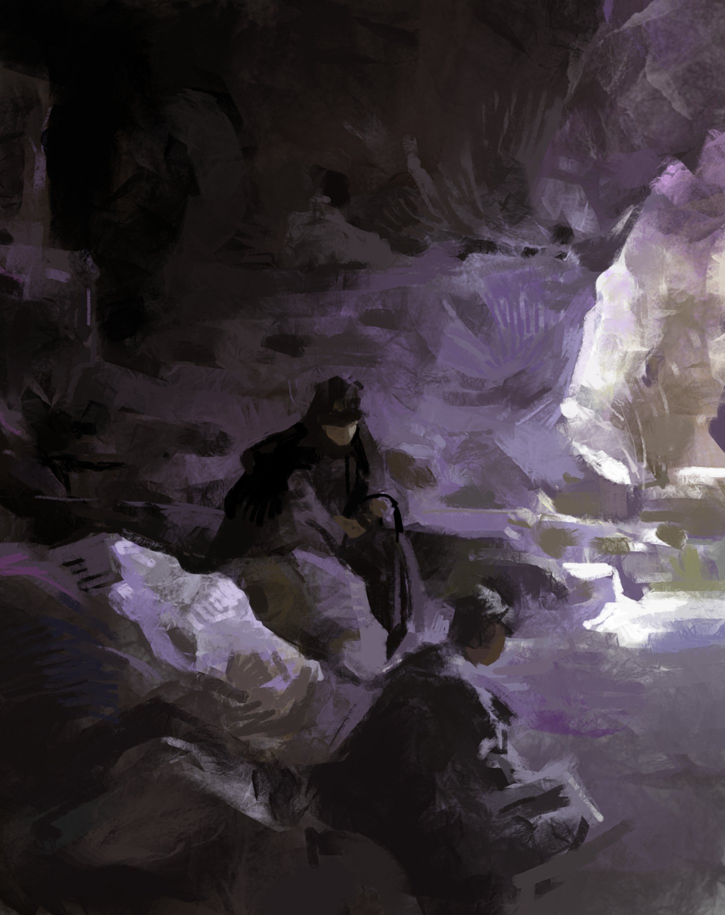 this digitally painted artwork depicts a mysterious scene inside a dark cave, with two shadowy figures standing in the foreground. the figures, likely human or humanoid, are almost entirely shrouded in darkness, emphasizing the sense of mystery and intrigue.  the cave's walls are rough and uneven, with textured rock formations hinting at a natural, rugged environment. the light is faint and diffused, casting an eerie, purple glow over the scene. this artwork could be interpreted as a scene from a fantasy story, perhaps involving a hidden meeting, a secret passage, or a lurking threat.