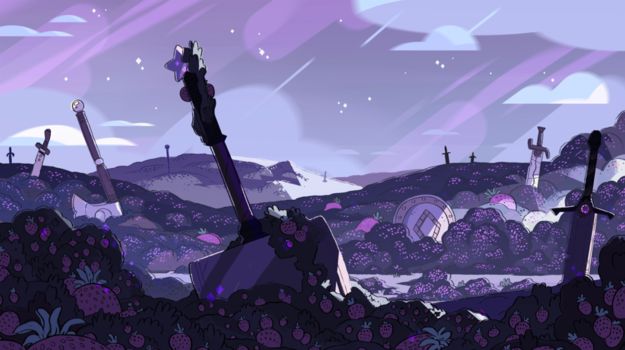 the image depicts a whimsical, fantasy landscape reminiscent of the "strawberry battlefield" from the animated series steven universe. the scene is dominated by various buried weapons: swords, an axe, and a large hammer. these are halfburied in a field of purple strawberries under a soft purple and lavender sky.  the overall atmosphere is peaceful yet slightly melancholic, with a focus on the contrast between the violent imagery of the weapons and the idyllic setting. the style is characteristic of the show, with its vibrant colors and slightly stylized character.