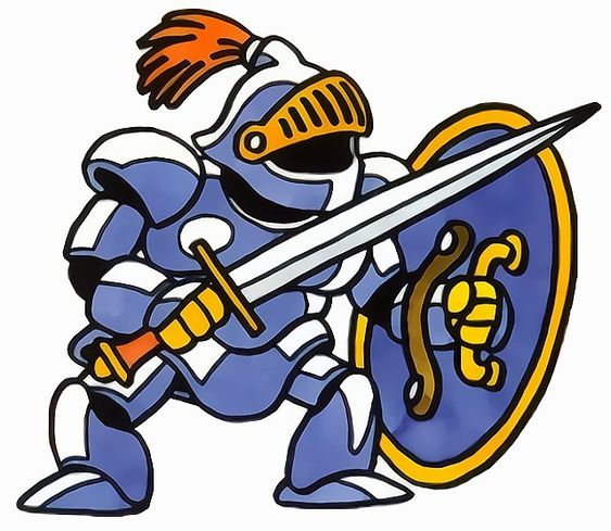 a cartoon knight stands facing forward, holding a sword and shield. the knight's armor is blue and white, and the shield is brown with a gold rim. the background is white.