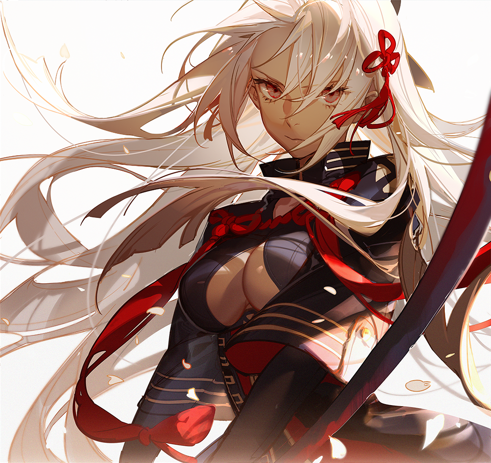 a detailed illustration of an anime girl with white hair and red eyes. she wears a black and red outfit with a plunging neckline that reveals her cleavage. a red ribbon is tied in her hair. she is holding a sword.