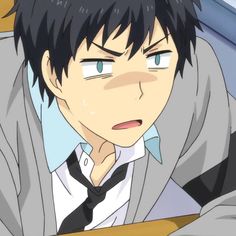 this is a closeup illustration of a male anime character. he has short, dark hair and blue eyes. he appears to be a teenager or young adult. he is sweating and has a surprised or uncomfortable expression on his face, with his eyebrows furrowed and his mouth slightly open. he is wearing a white shirt with a blue collar and a darkcolored tie. the background is a simple, lightcolored wall. the style of the illustration is typical of japanese anime and manga.