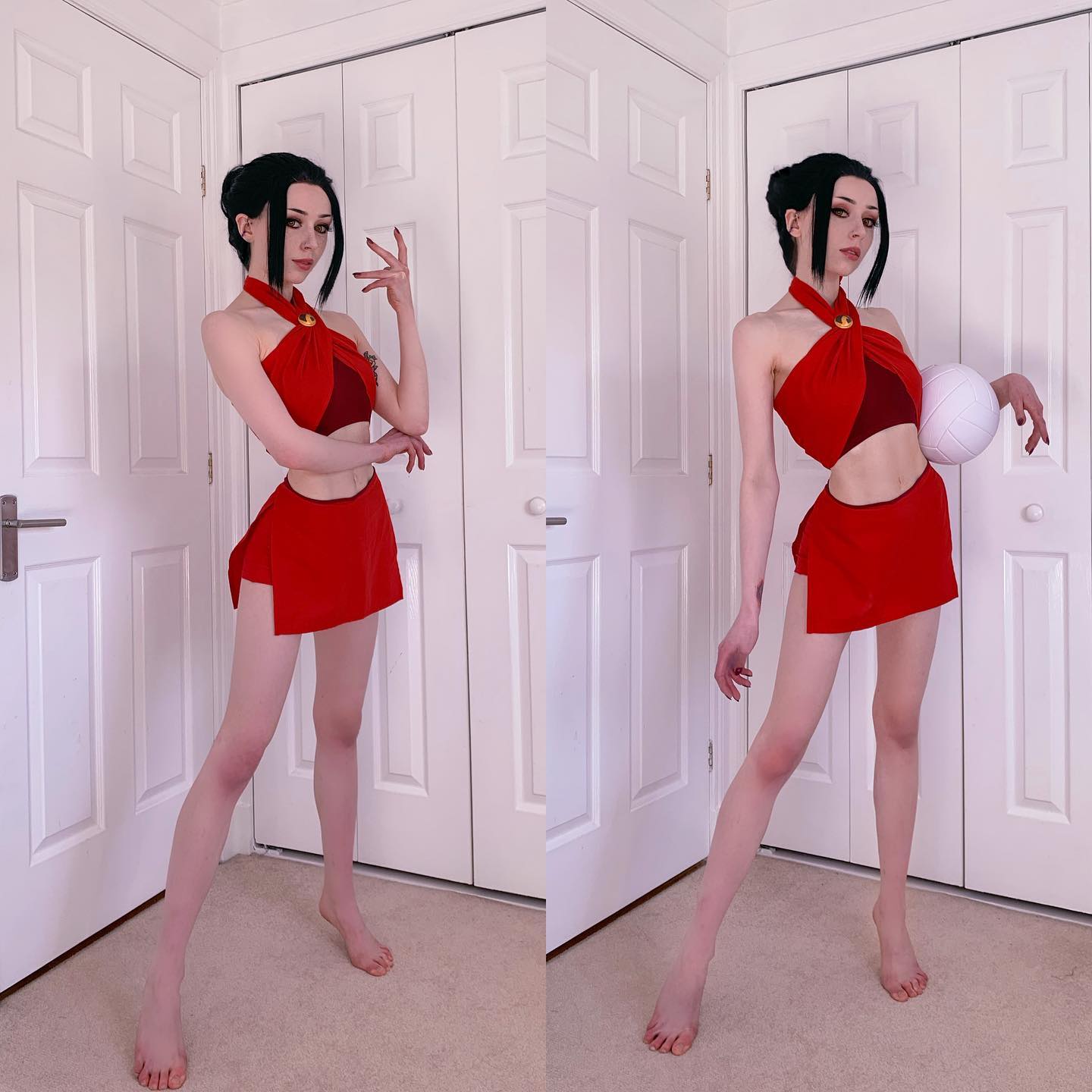 a fullbody image showing a woman cosplaying as ty lee from avatar: the last airbender.  she is wearing a red halter top and matching mini skirt.  in one image she is striking a pose with one hand up, and in the other image she is holding a volleyball. the background is simple, showing a whitewalled room with several white doors. the overall tone is bright and clean.