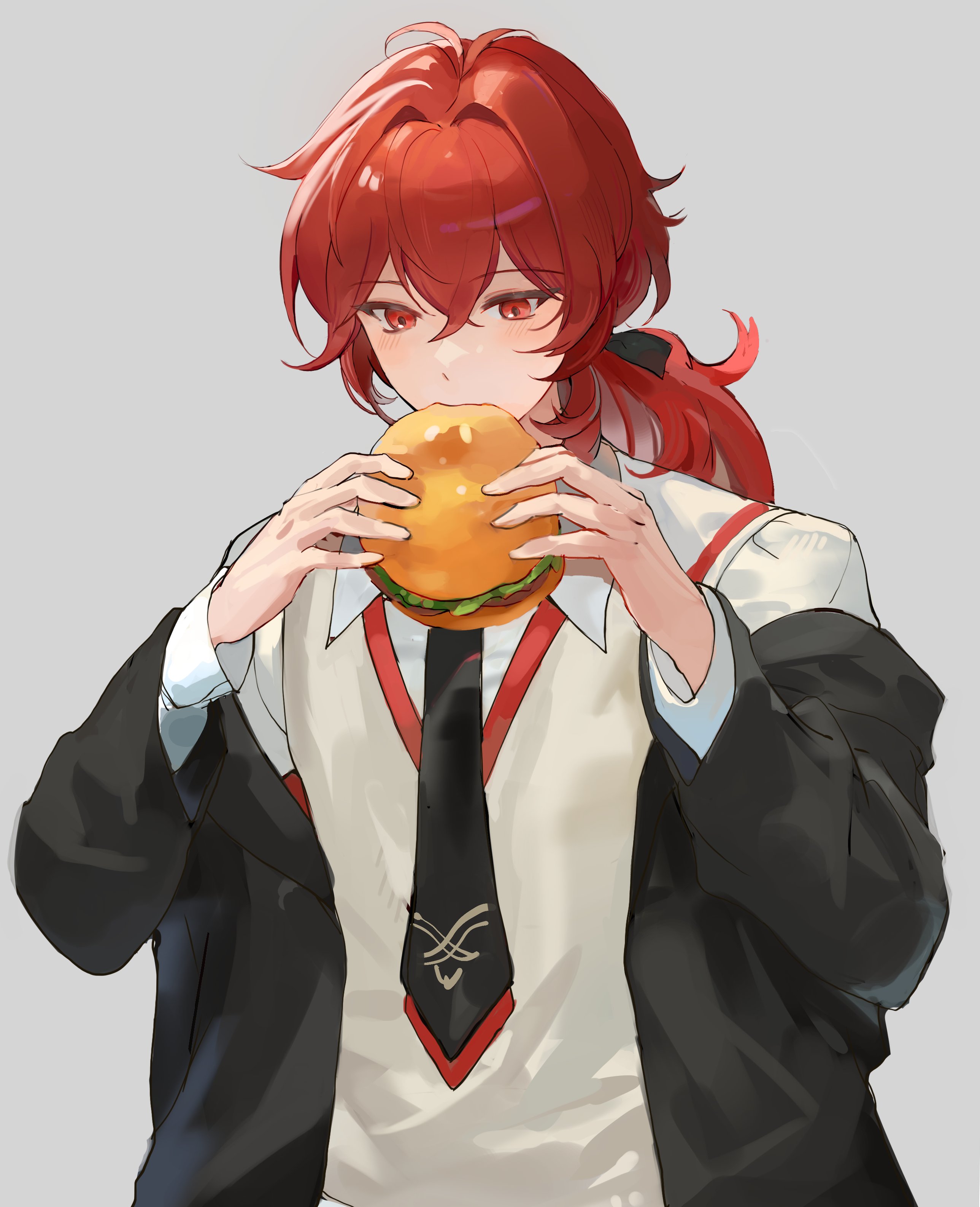 the image features an anime boy with long red hair. he is wearing a black blazer with a white shirt and a red tie. he is holding a burger in his hands and is about to take a bite. the boy looks hungry and excited to eat the burger. he is surrounded by a soft, pastel background.