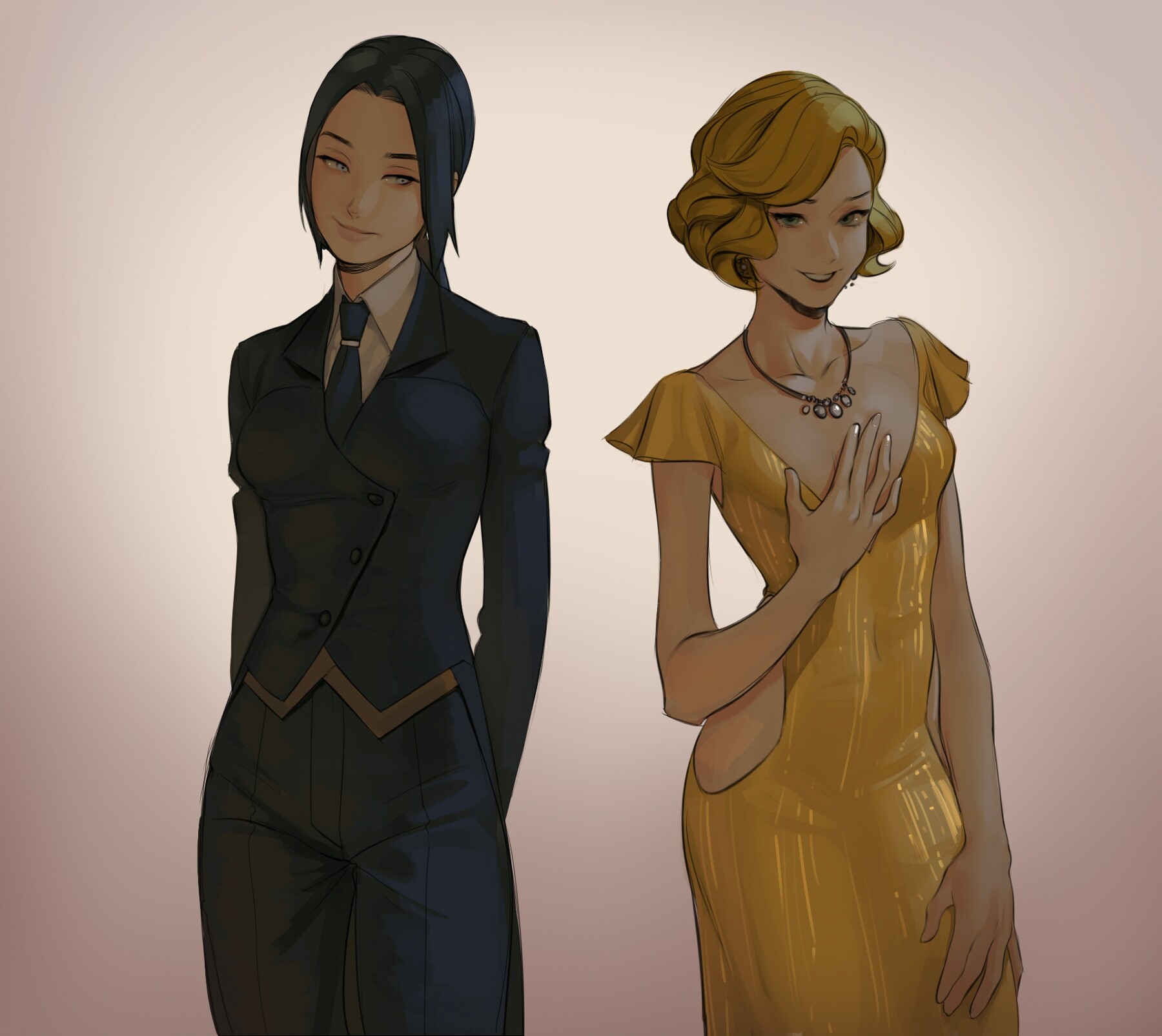 the image shows two stylishly dressed women against a muted pink background. one woman wears a sleek, tailored blue suit with a tie, while the other stuns in a glamorous, shimmering gold dress. the woman in the suit has dark hair styled in a simple, elegant manner, and the other woman has blonde hair in a stylish bob cut. both women are beautifully drawn, with delicate features and graceful poses.