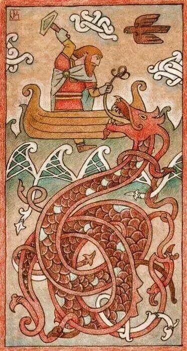 the image is a stylized illustration depicting a scene seemingly from norse mythology.  thor, identifiable by his hammer mjolnir, is shown in a longship battling a large, intricately detailed serpentine dragon, possibly jormungandr.  the artwork uses a palette primarily of reds and browns, with stylistic elements reminiscent of celtic knotwork and medieval manuscript illustrations. a bird, perhaps a raven, is visible in the upper right corner. the overall style is decorative and symbolic rather than realistically representational. the border of the illustration also adds to the medieval feel.