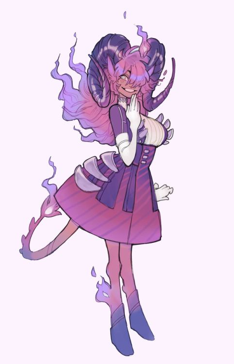 a digital illustration of an anime girl with horns and a tail. the girl is floating and has a purple and pink dress on. she has pink hair and purple fire around her. she is smiling and holding her hand to her face.