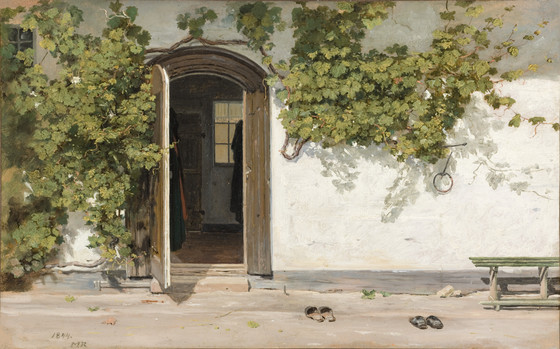 the image shows a painting of a building exterior. the building has a door with vines growing around it. the door is open, revealing a glimpse of the interior. in front of the building, there are two pairs of footwear and a bench. the painting captures a peaceful outdoor scene with the building as the central element. the wall, vines, and door are depicted in great detail.