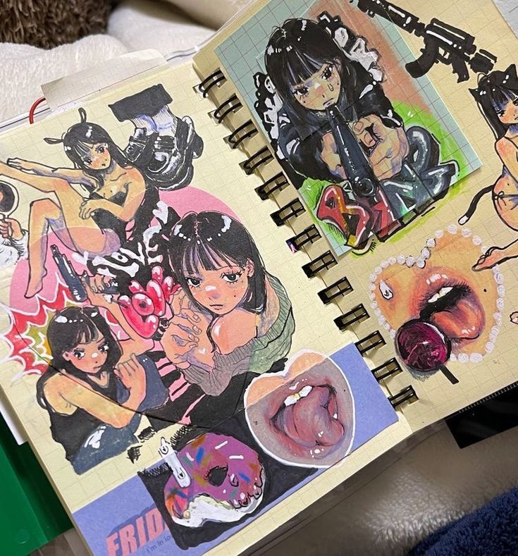 closeup shot of a sketchbook filled with vibrant and colorful animestyle drawings and stickers. the artwork features various female characters in different poses, some holding guns, with a mix of cute and edgy elements. there are also other illustrations like a lollipop, a heart with a tongue, and a donut with a skull.  the style is a collage of different illustrations and stickers, creating a visually busy but engaging composition.  the sketchbook is a spiralbound notebook, and the overall aesthetic is trendy and unique.