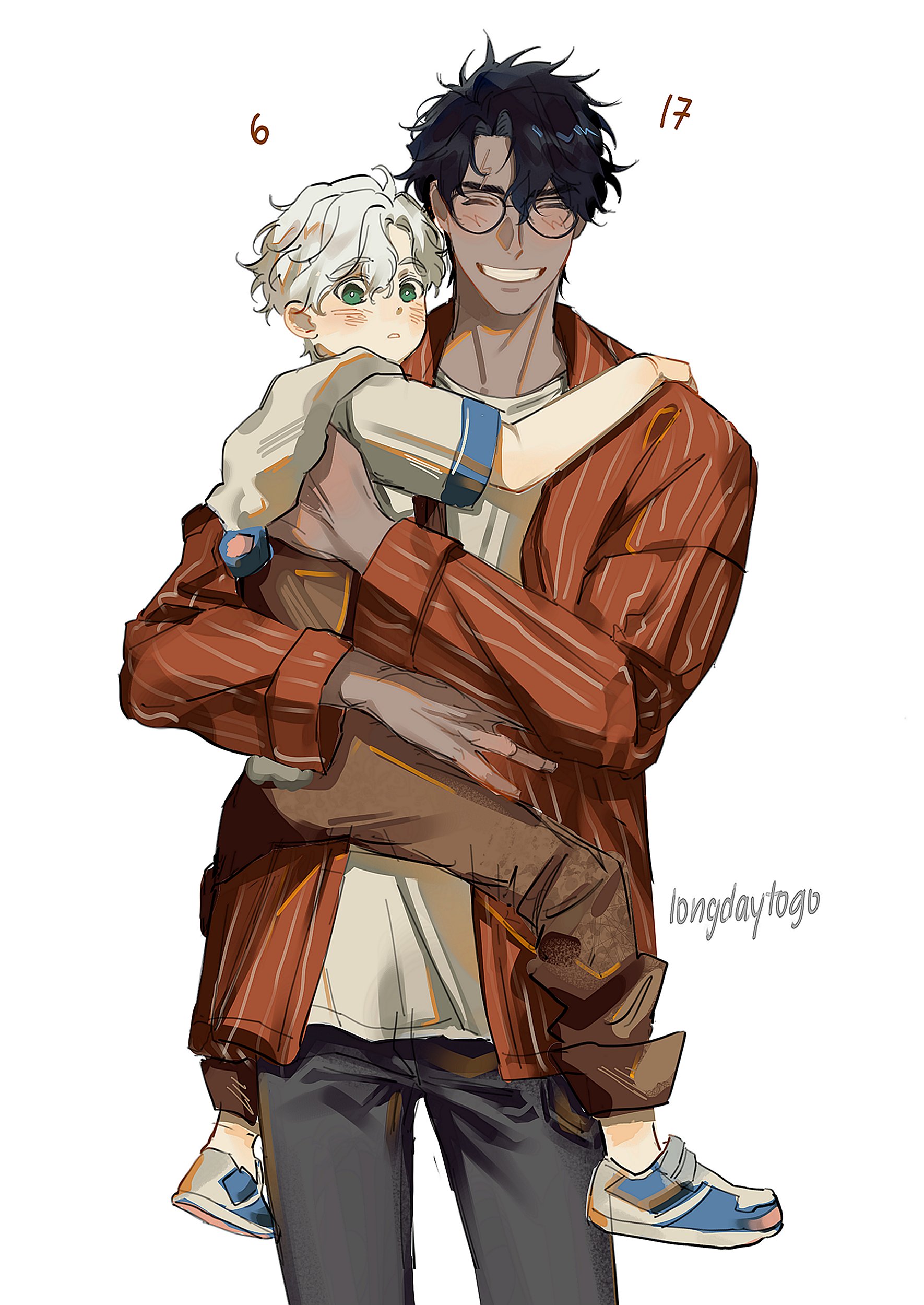 the image is a digital illustration or fanart depicting a young man with dark hair and glasses affectionately carrying a younger, smaller boy with white hair on his back. the man is wearing a rustcolored striped jacket and dark pants, while the boy is dressed in a beige shirt and blue sneakers. the style is reminiscent of anime or manga art with a focus on soft shading and a warm, emotional tone.  numbers "6" and "17" are subtly placed near the characters, possibly indicating ages or other relevant information. the artist's signature or watermark "longdaytogo" is visible in the bottom right corner. the overall scene conveys a strong sense of familial bonding and love.