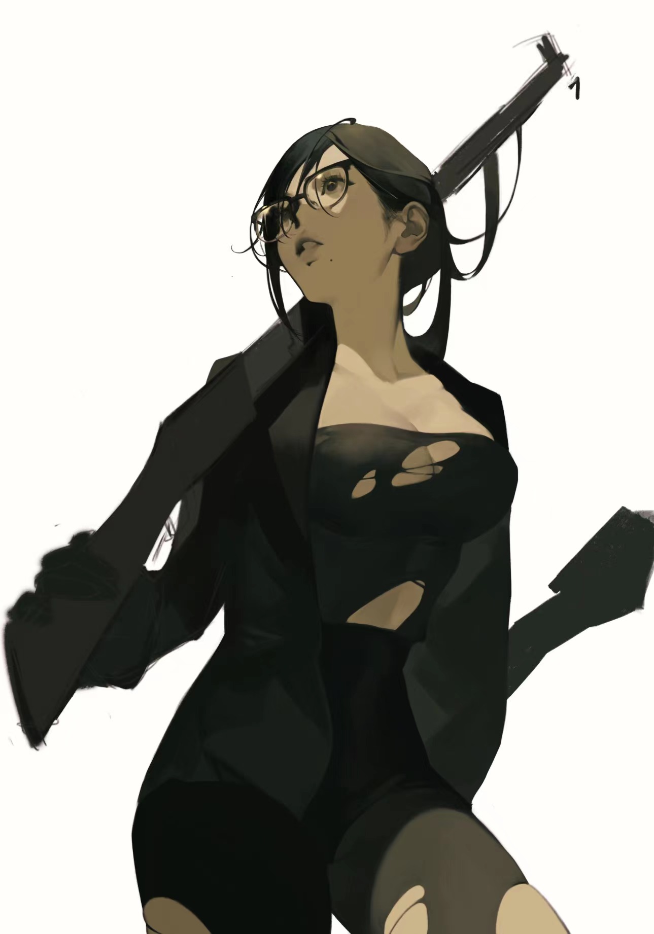 this digital illustration features a woman with long black hair and black eyes. she is wearing a black suit jacket over a black top with a large hole in the front. she is holding a rifle and looking up with a serious expression. the background is white.