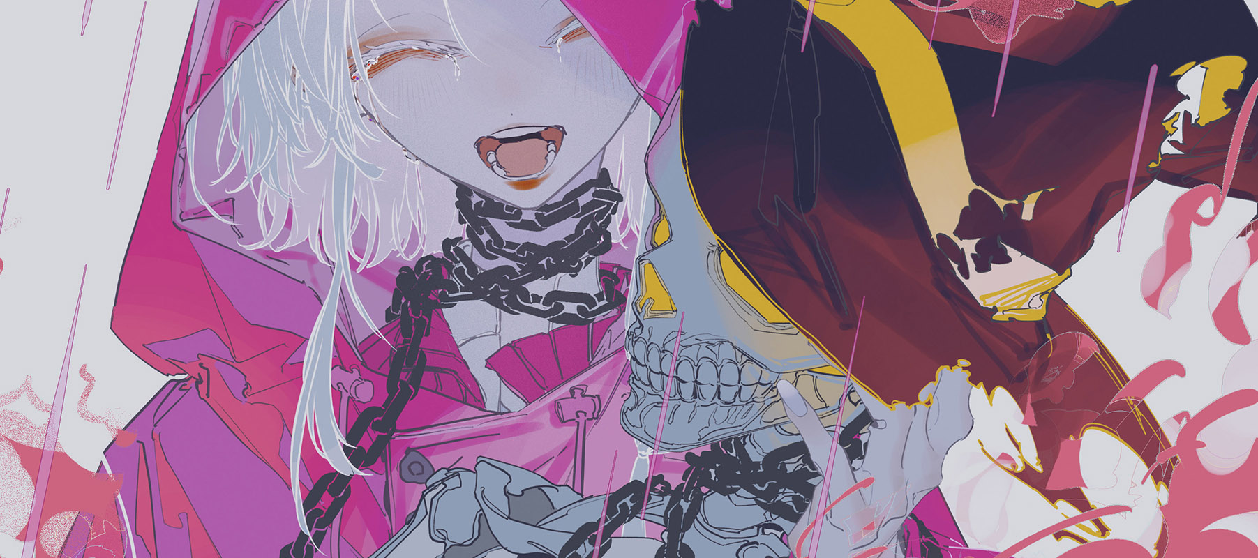 a digital art piece featuring an anime girl wearing a pink hooded jacket with a skull mask. the girl is crying tears, and the background is a dark, almost gothic style.