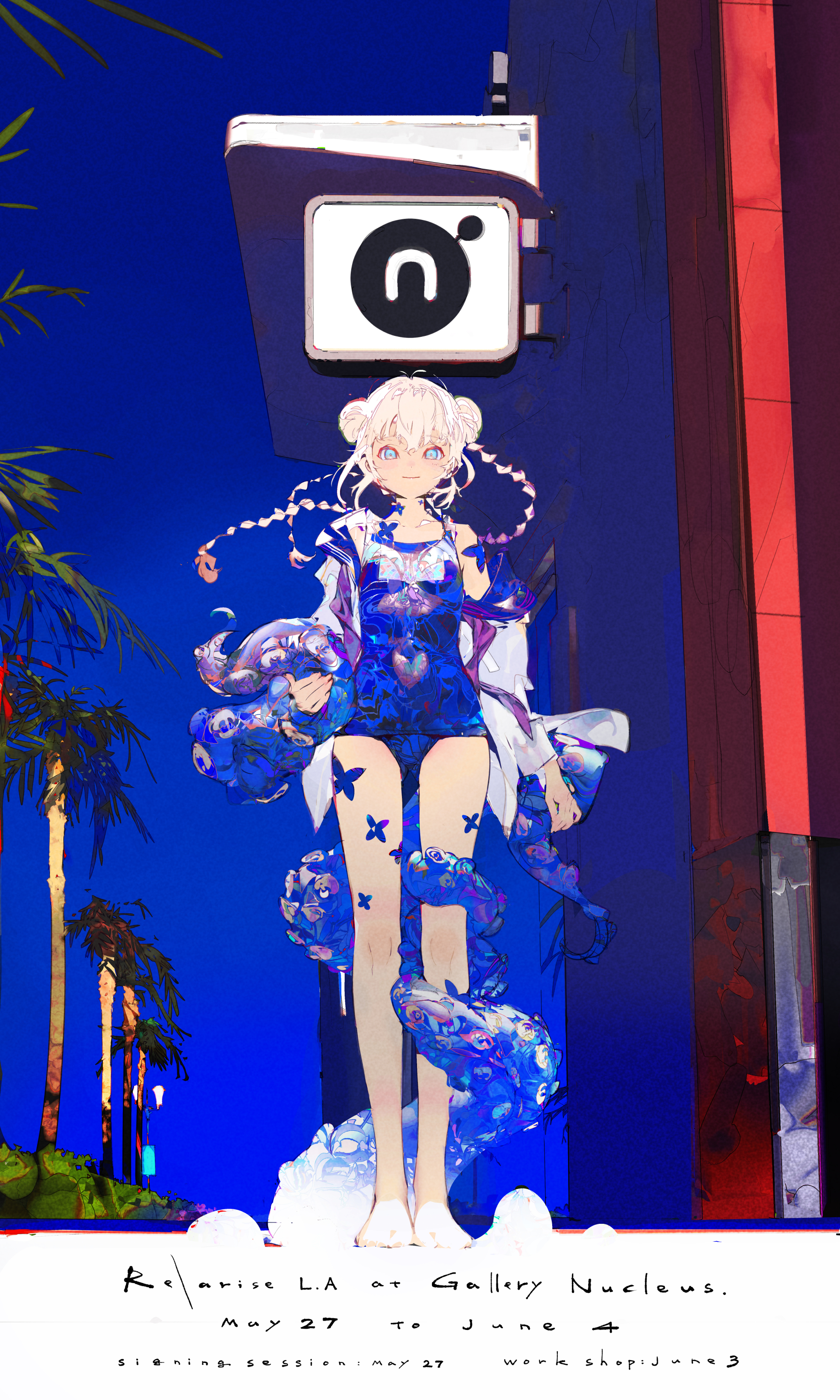the image is a vibrant digital painting or illustration featuring an animestyle girl with white hair, wearing a blue swimsuit and a flowing white garment. she stands amidst stylized blue, fishlike creatures that appear to be part of her attire or surroundings. the backdrop is a stylized cityscape with palm trees and a building featuring a sign with a stylized 'n'. the overall aesthetic is surreal and blends elements of fantasy and urban settings.  text at the bottom indicates it's promotional art for an exhibition titled "re/arise l.a." at "gallery nucleus," specifying dates from may 27th to june 4th. the color palette is predominantly blue, purple, and white, with pops of other colors.