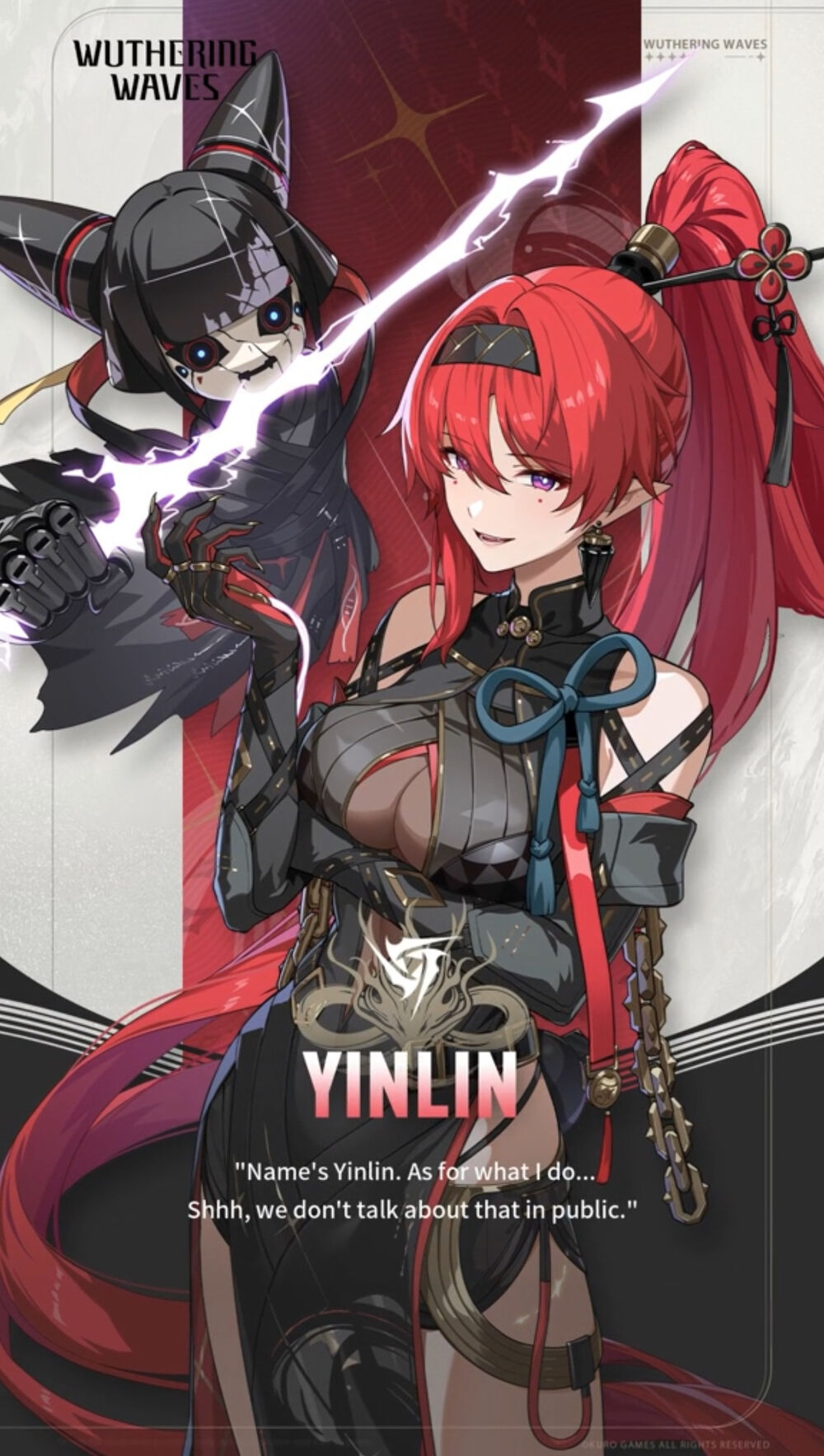 an anime woman with bright red hair in a ponytail tied with a black and gold bow stands with her hand on her hip, looking at the viewer with a smirk. she is wearing an elaborate black and gray outfit with red details, and a black choker with a red ribbon. behind her left shoulder peeks another figure shrouded in shadow. the background is divided diagonally, with red at the top and black at the bottom, and decorated with thin white lines and a white starshaped sparkle above the woman's head. the name "yinlin" is written in stylized white letters across the bottom of the image. the text at the bottom reads: "name's yinlin. as for what i do... shhh, we don't talk about that in public."