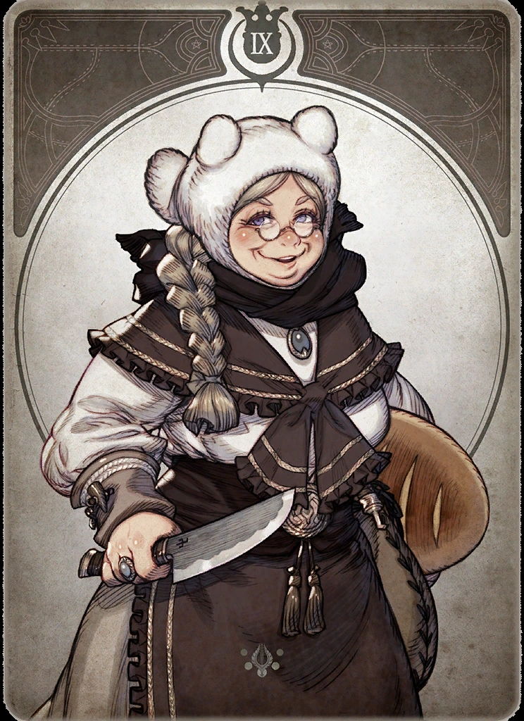 a portrait of an older, smiling woman, drawn in the style of a tarot card. she's wearing an outfit that appears to be heavily inspired by european peasant clothing,  a white beareared hat,  round glasses, and a large, white ruffled collar. she's also holding a large butcher knife in her right hand, while holding a loaf of bread under her left arm.   the number 'ix' is visible at the top of the card.
