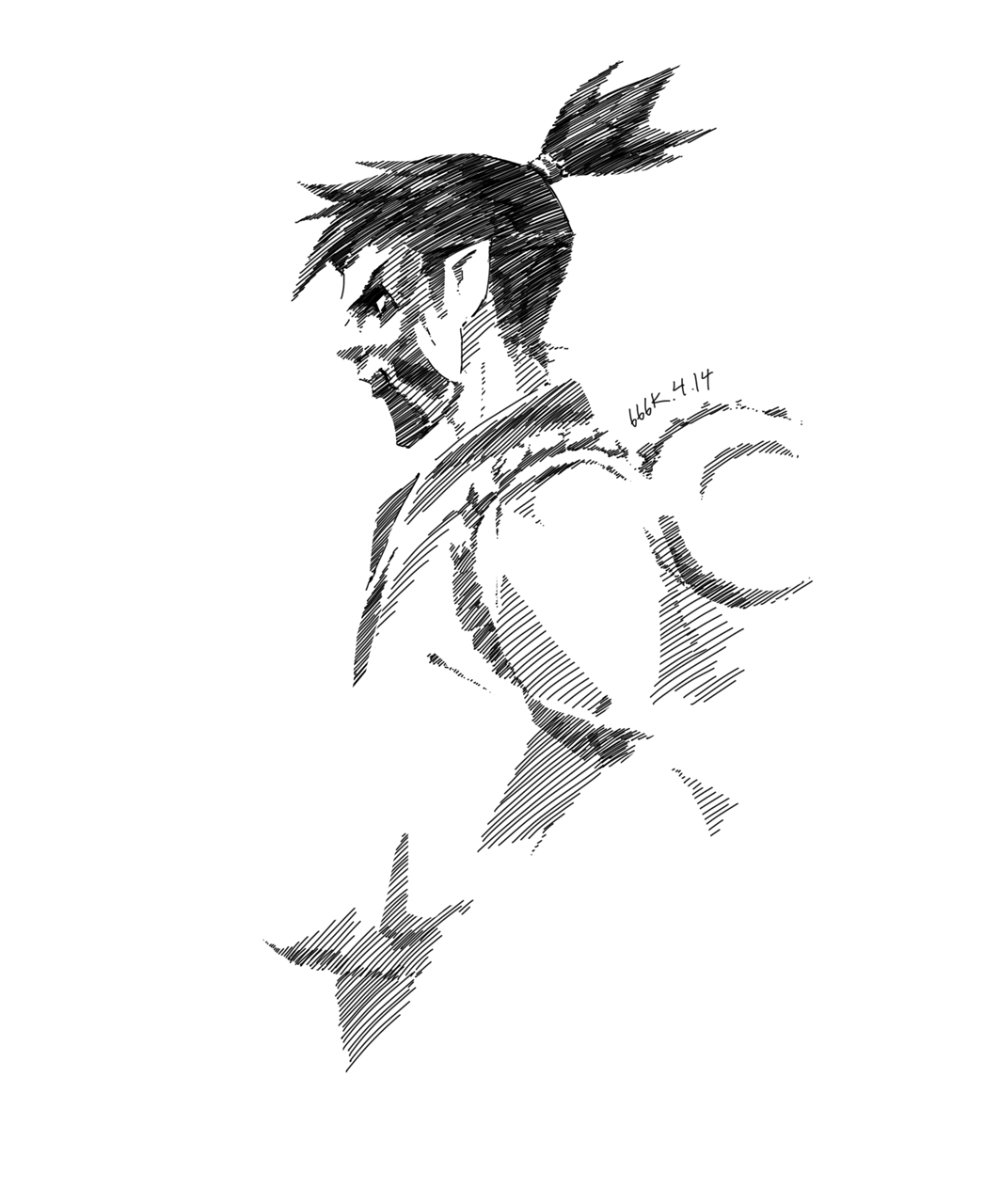 the image is a detailed black and white ink drawing or pen sketch depicting a samurai or warriorlike figure in profile view. the style is reminiscent of anime or manga, with sharp lines and hatching creating texture and depth.  the character has a stern, intense facial expression.  his hair is tied up in a topknot. he is shown from the chest up, and his body is positioned at a slight threequarter angle. the artist's signature or date, "66k 4.14," is subtly included. the overall aesthetic is quite stylized and dramatic. the background is plain white, drawing all attention to the subject.