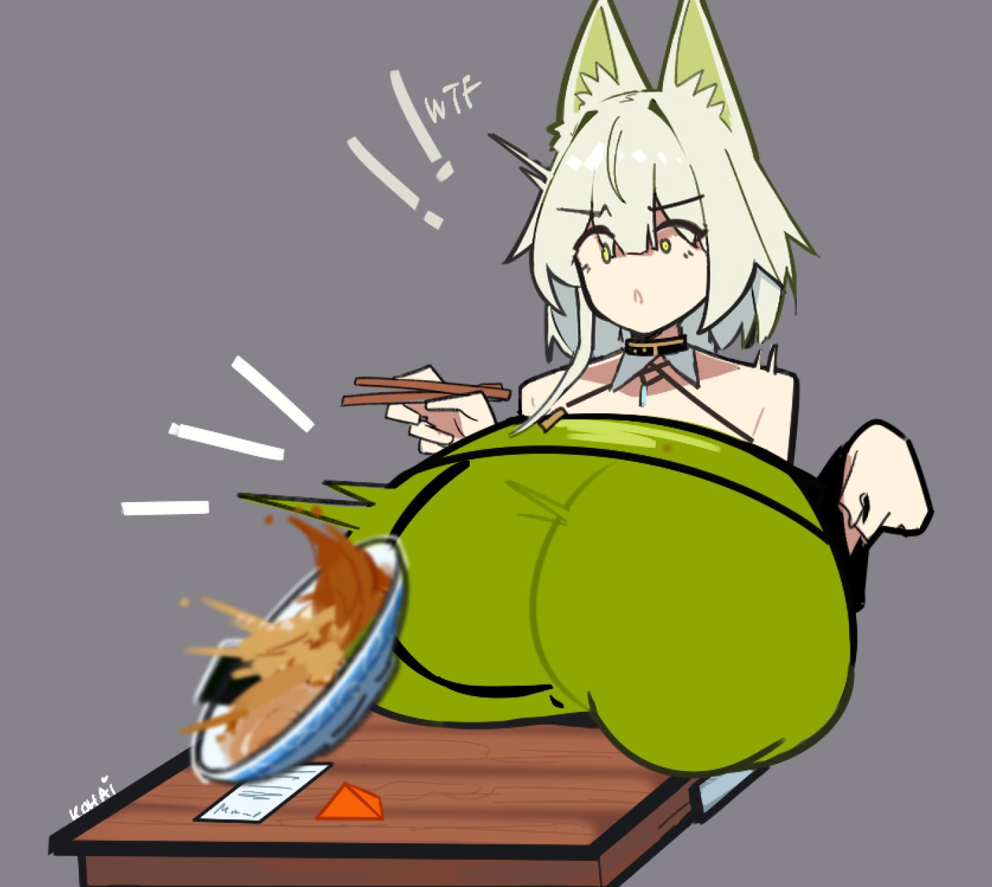 an anime girl with green hair is eating with chopsticks. she looks shocked and surprised as her food spills all over the table and floor. the girl's chest is abnormally large, giving a comedic effect to the image.  the art style is digital and looks like an illustration.