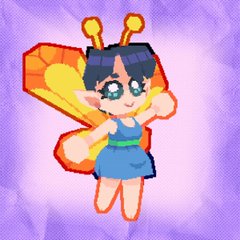 the image is of a cute fairy girl, drawn in a pixel art style. she has black hair, big blue eyes, and is wearing a blue dress with a green belt and orange butterfly wings. she is on a purple background.