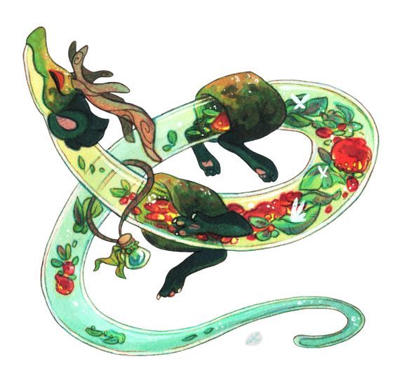 the image shows a green, serpentine creature curled in a circle, its tail disappearing behind its neck.  the creature's body appears translucent, filled with water, flowers, and berries. the creature has black paws and a black head with a single horn that resembles a piece of wood. it has large, expressive eyes. the overall aesthetic is whimsical and magical.