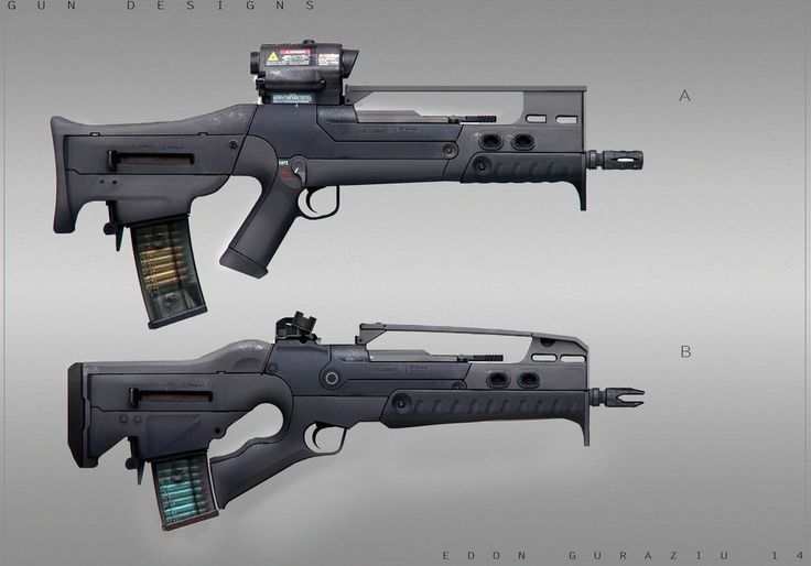 the image shows two gun designs labeled "a" and "b". both appear to be bullpup style rifles with futuristic designs. they are displayed against a gray background. the top design, "a", has a sight mounted on top, while design "b" features a different sight and a handle. both have magazines loaded.