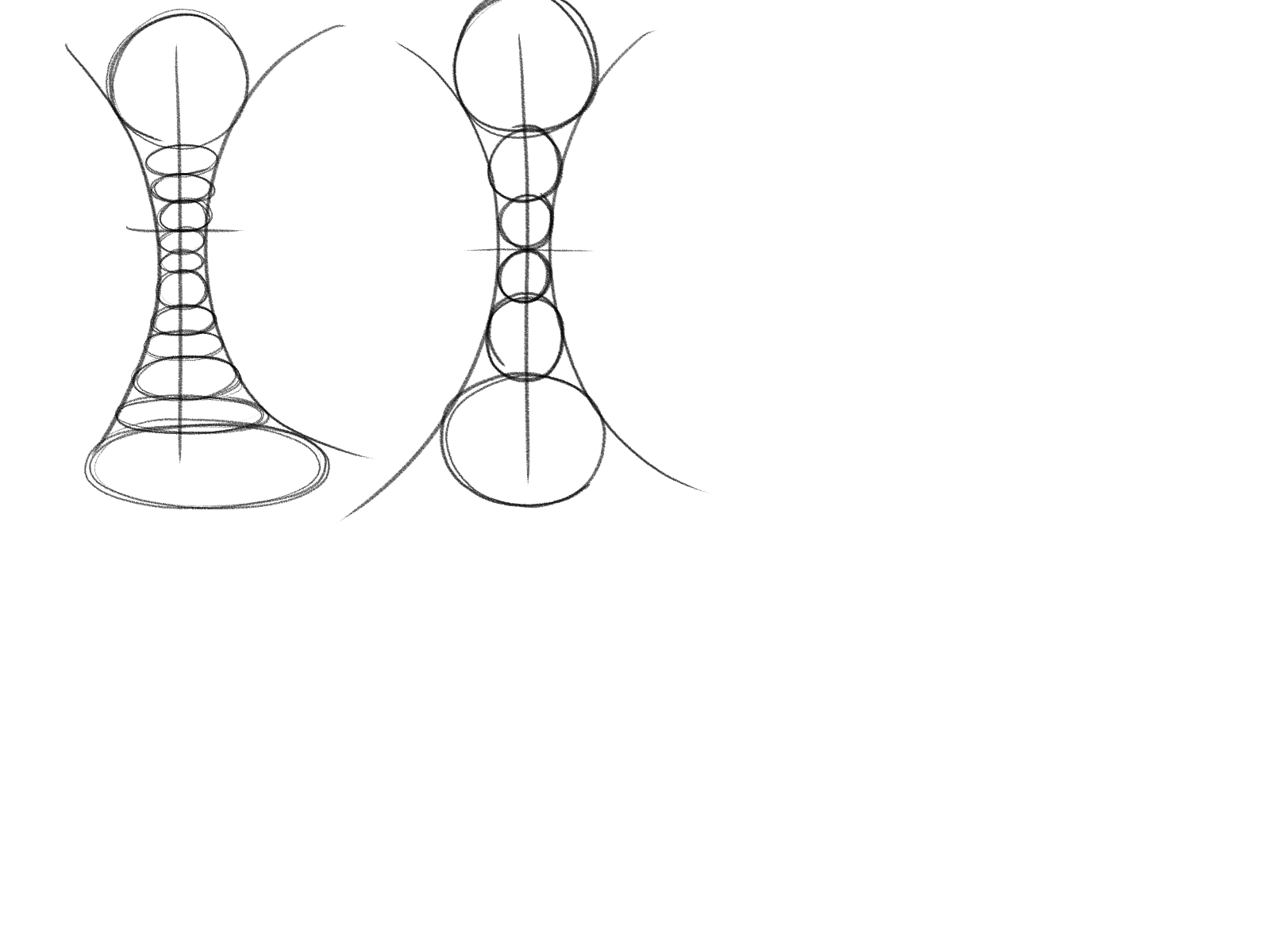 he image shows two sketches illustrating the construction of an hourglass shape using overlapping circles and ellipses.  the left sketch uses many small circles that are tightly spaced together to form the narrowing waist of the hourglass. the right sketch uses fewer, larger circles resulting in a smoother transition to the narrower area. both sketches use a central vertical line for symmetry. the style is a simple, handdrawn pencil sketch.