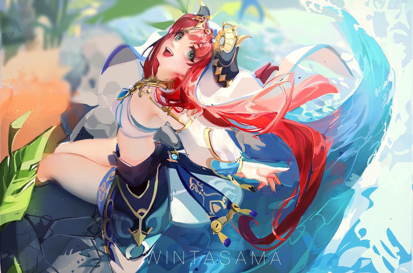 the image is a vibrant digital painting or illustration of a young animestyle girl with long, flowing red hair. she's wearing a flowing blue and white dress with gold accents, which seems to blend with the water surrounding her.  her expression is joyful and playful. the style is loose and painterly, with a focus on dynamic brushstrokes and color blending, particularly in the depiction of the water. the artist's signature, "winta.sama," is subtly placed near the bottom. the overall mood is light, whimsical, and magical.  the girl appears to be a fantasy character, perhaps associated with water or the ocean.