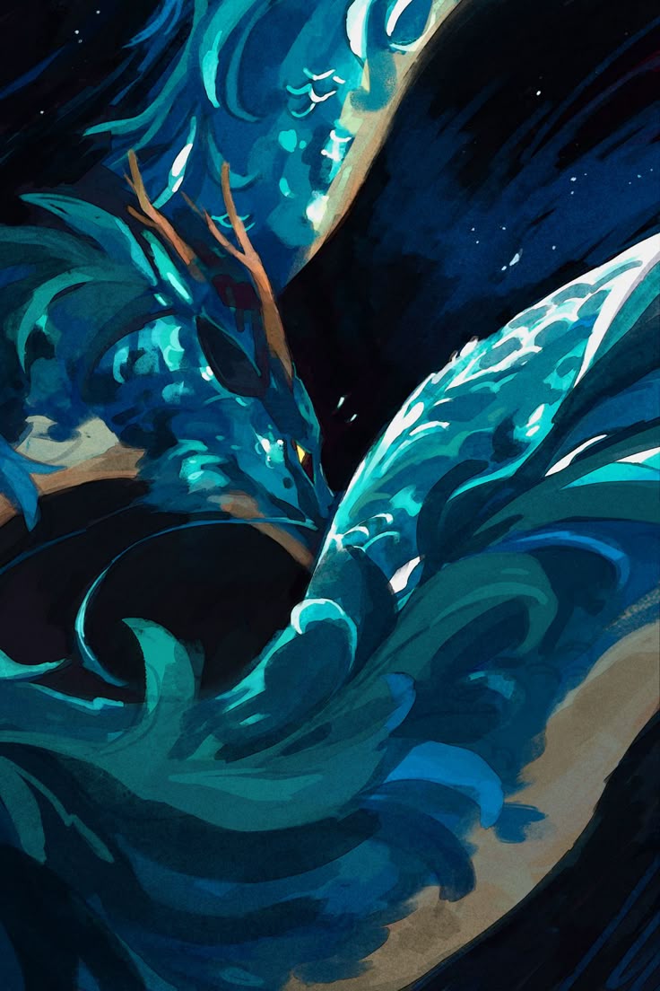 the image is a stylized painting of a blue dragon against a dark background. the dragon has antlers and is rendered in various shades of blue, with visible brushstrokes. the overall style is reminiscent of fantasy art.