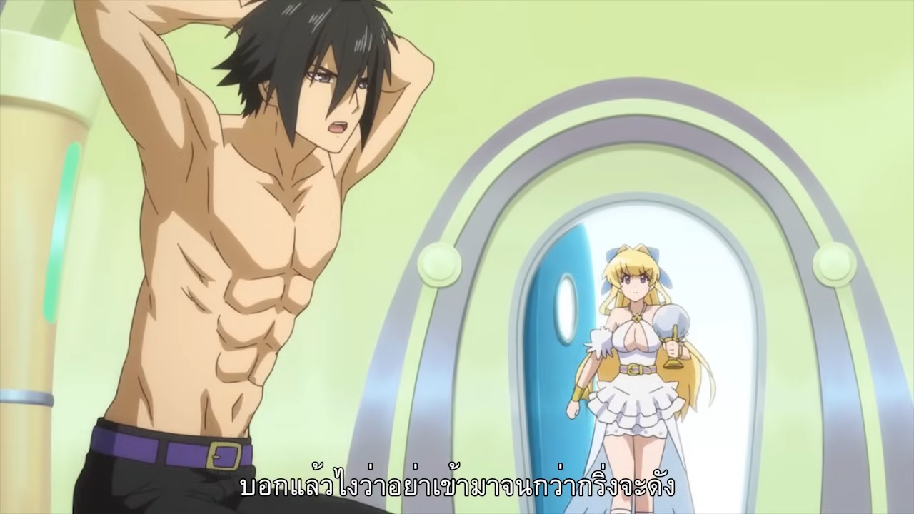 there are two anime characters. the first is a muscular, shirtless man with dark hair who appears to be stretching. he's wearing dark pants with a light purple belt. the second character is a young woman with long blond hair, wearing a small white and blue dress. she's turned toward the man with a surprised expression. behind the woman is a doorway.