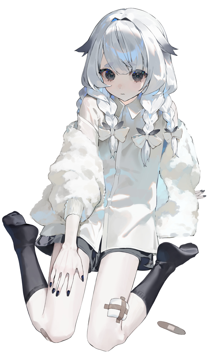 a drawing of an anime girl sitting on the ground. she has white hair in braids, tied with bows. she wears an oversized white shirt, short shorts, a fluffy white jacket, and black socks. she has bandages on her knee and a few on the floor, and her nails are painted black. she has grey eyes and a somewhat sad expression.