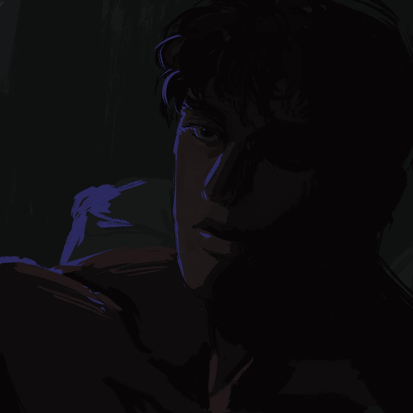 the image shows a young man lying in bed in a dark room. the only light source appears to be coming from behind and below him, illuminating the side of his face and casting the rest of him in shadow. he has a contemplative or serious expression on his face. the overall mood is one of quiet introspection and intimacy. the use of light and shadow adds a sense of drama and mystery.